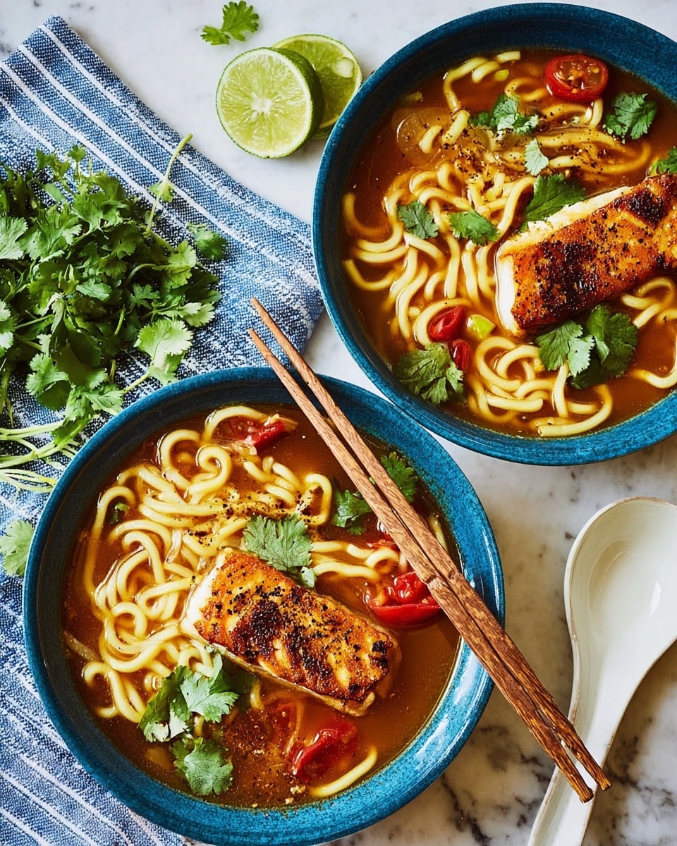 Two blue bowls each hold a soup with a deep orange broth at the bottom, filled with thick white noodles swirling throughout. On top of the noodles is a single golden-brown fried fish fillet, lightly crisped with visible black pepper and small herbs. Each bowl is garnished with a green lime wedge and bright green cilantro leaves scattered on the fish and noodles. Dark wooden chopsticks rest across the rim of the bowl in the front. Next to this bowl is a white ceramic spoon with a beige grip, lying on a light blue and white striped cloth. A small plate with fresh cilantro and a lime wedge sits on a white marbled surface beneath the cloth. photo taken with an iphone --ar 4:5 --v 7