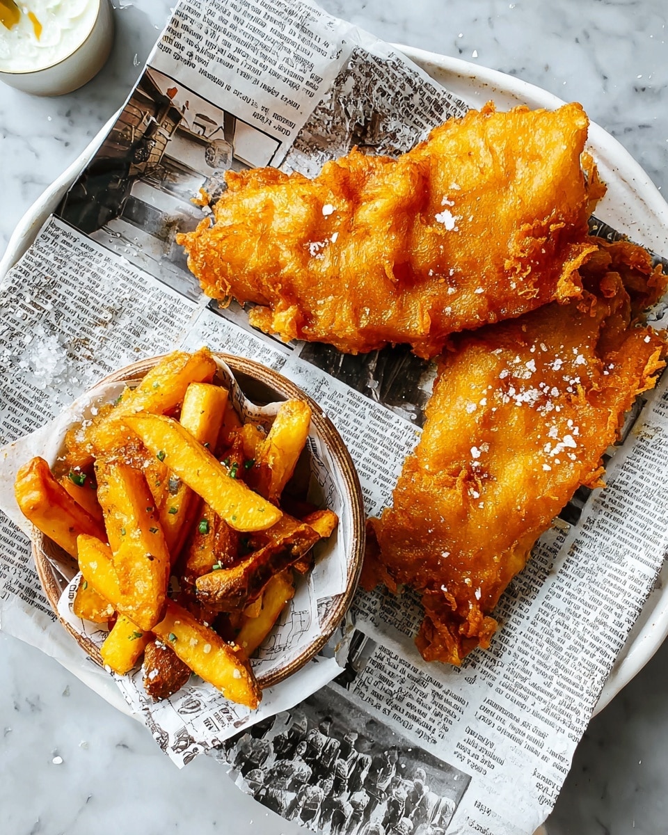 Two large pieces of golden, crispy fried fish rest on top of sheets of newspaper with black and white print, placed on a white plate. The fish has a bubbly, crunchy texture with some small crunchy bits scattered around and a light sprinkle of white salt on top. Next to the fish is a small bowl lined with newspaper, filled with thick, golden brown fries also sprinkled lightly with salt. The background shows a white marbled surface, and some small crumbs are scattered around the plate, emphasizing the crispiness of the food. photo taken with an iphone --ar 4:5 --v 7
