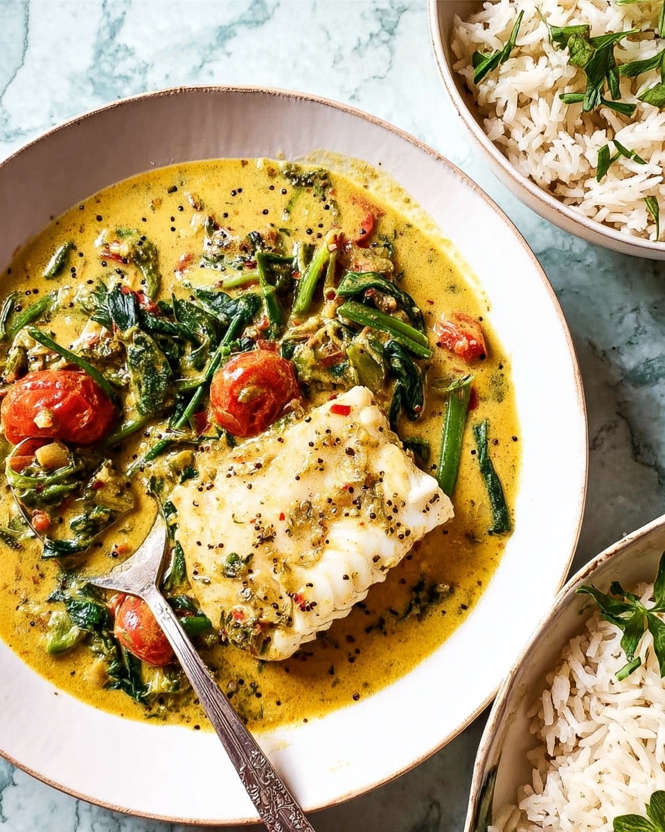 A white plate holds a creamy yellow curry with visible mustard seeds and green leafy vegetables mixed throughout, along with bright red cherry tomatoes. On top of the curry sits a thick white piece of fish with a slightly browned surface. A metal fork rests on the left side of the plate, partially dipped into the curry. To the upper right of the plate is a white bowl filled with white rice garnished with green herbs. All these items are set against a white marbled surface. photo taken with an iphone --ar 4:5 --v 7