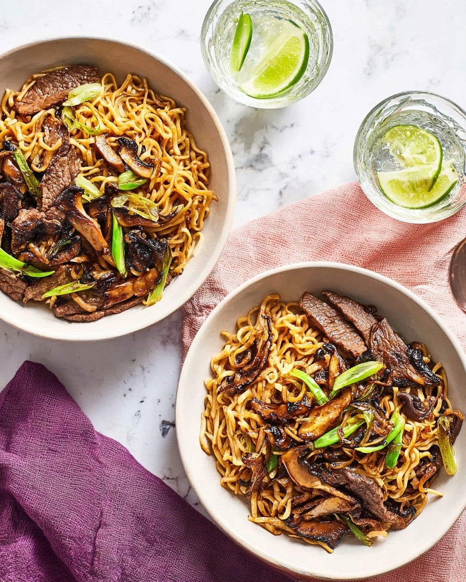 Two white bowls filled with stir-fried noodles, sliced grilled beef, browned mushrooms, and bright green scallion pieces. The noodles are thin and golden brown, mixed with caramelized onions and dark charred mushroom slices. The beef strips are well cooked with a slightly crispy edge and placed on top and throughout the noodles. One bowl sits on a folded lavender cloth, while the other is near a pink cloth. Two clear glasses with lime wedges and light pink liquid are placed nearby on a white marbled surface. photo taken with an iphone --ar 4:5 --v 7