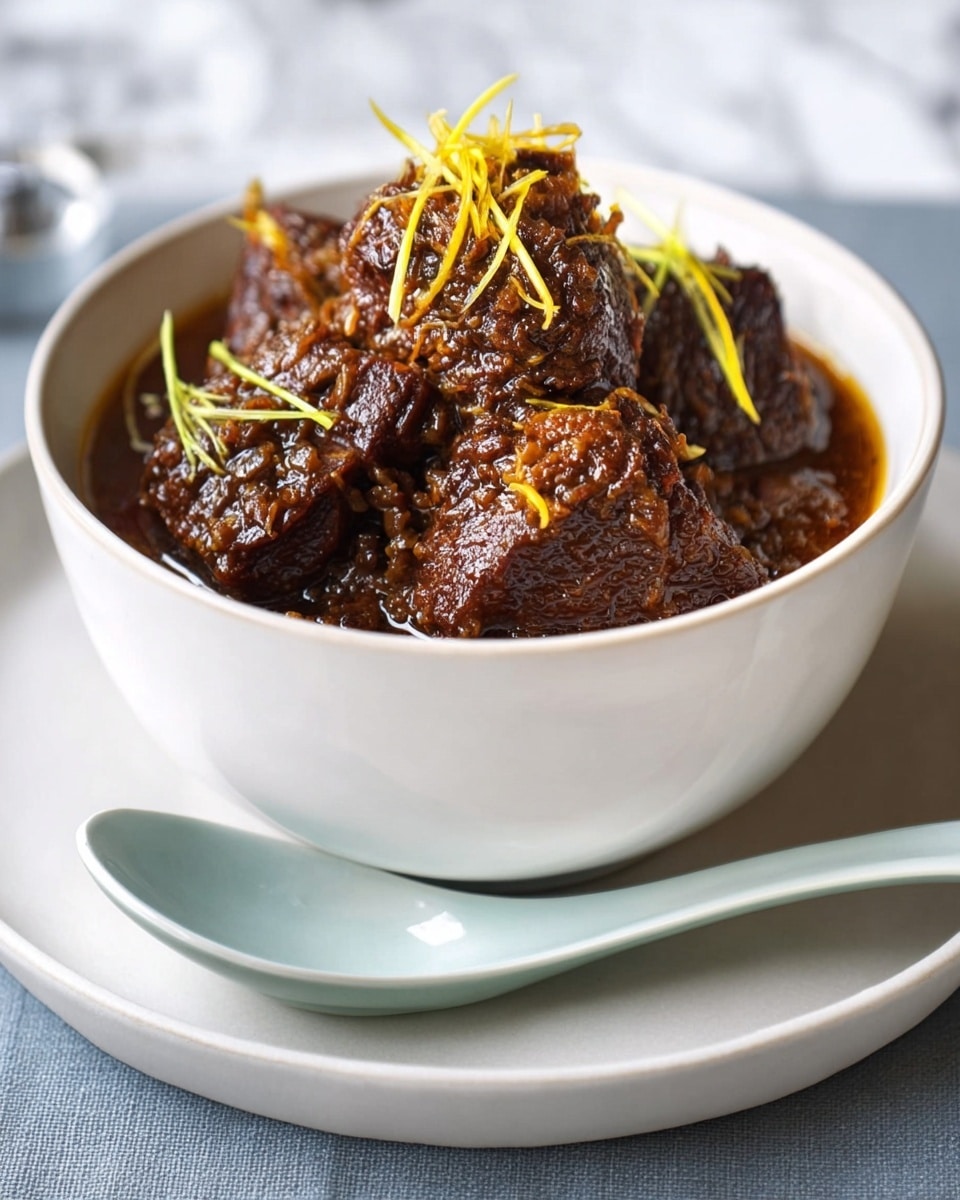 A white bowl filled with several large pieces of dark brown meat covered in a thick, chunky sauce, garnished with thin strips of yellow ginger on top. The bowl sits on a white plate, next to a light blue spoon. The background is a white marbled texture. photo taken with an iphone --ar 4:5 --v 7