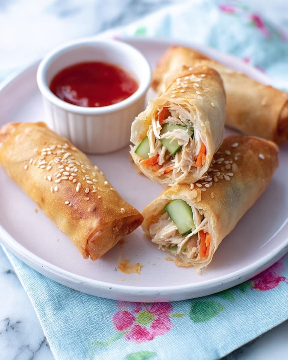 Three golden brown spring rolls with crispy, slightly shiny surfaces topped with white sesame seeds sit on a white plate. One spring roll is cut open, showing three visible layers: the outer crispy shell, a middle layer of white thin rice noodles, and an inner layer of shredded carrots, cucumber, and some other light green vegetables. A small white cup of red dipping sauce is placed near the spring rolls on the plate. The plate rests on a white marbled surface with a piece of fabric with blue and floral patterns under the plate’s edge. Photo taken with an iphone --ar 4:5 --v 7