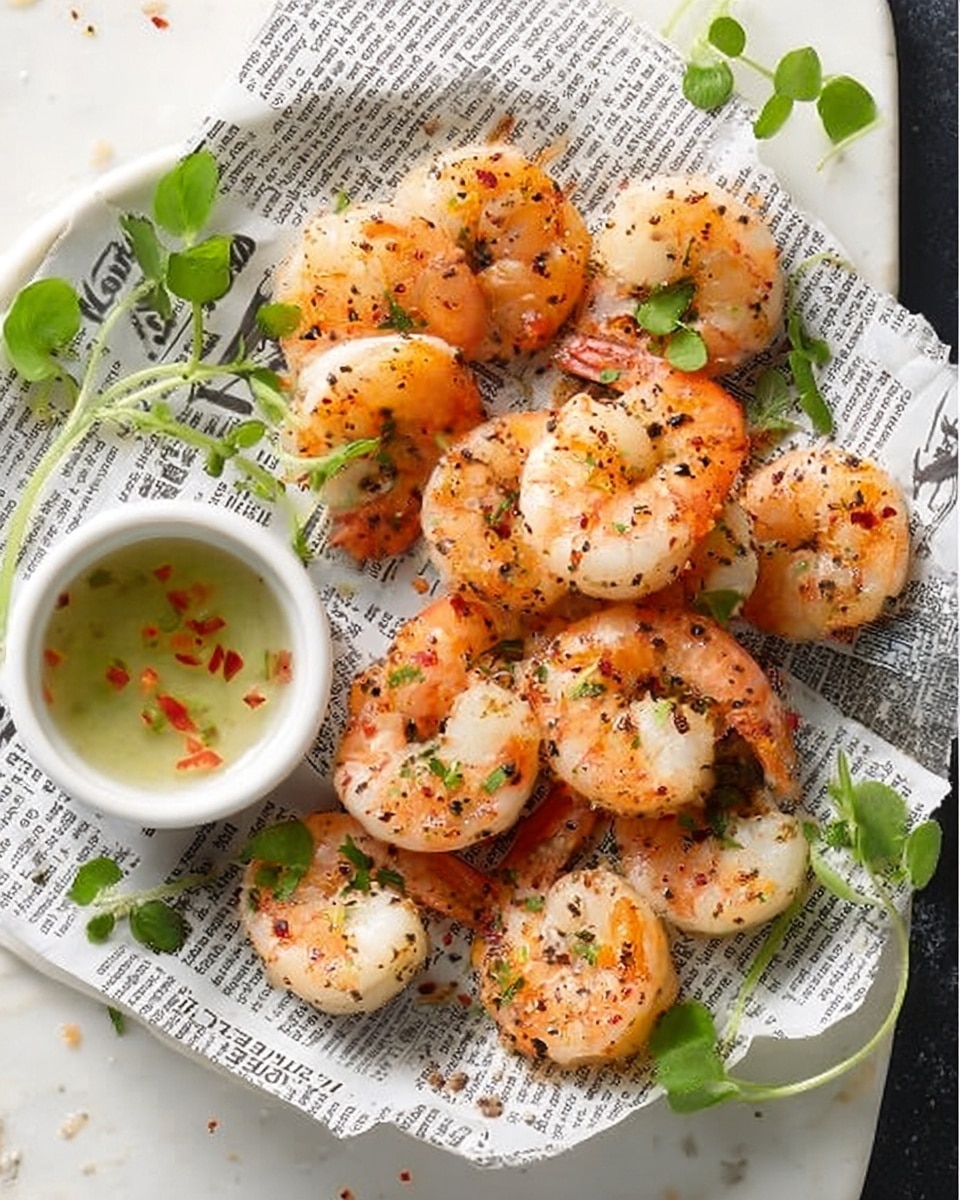 The image shows a pile of cooked shrimp with a pink-orange color and small black specks, placed on middle layers of stacked newspaper sheets. The shrimp look juicy and slightly charred, with green leaves scattered on and around them for decoration. On the left side, there is a small round white bowl filled with a light green dipping sauce that has red bits floating in it. The whole setting rests on a white marbled surface, creating a fresh and clean look. photo taken with an iphone --ar 4:5 --v 7