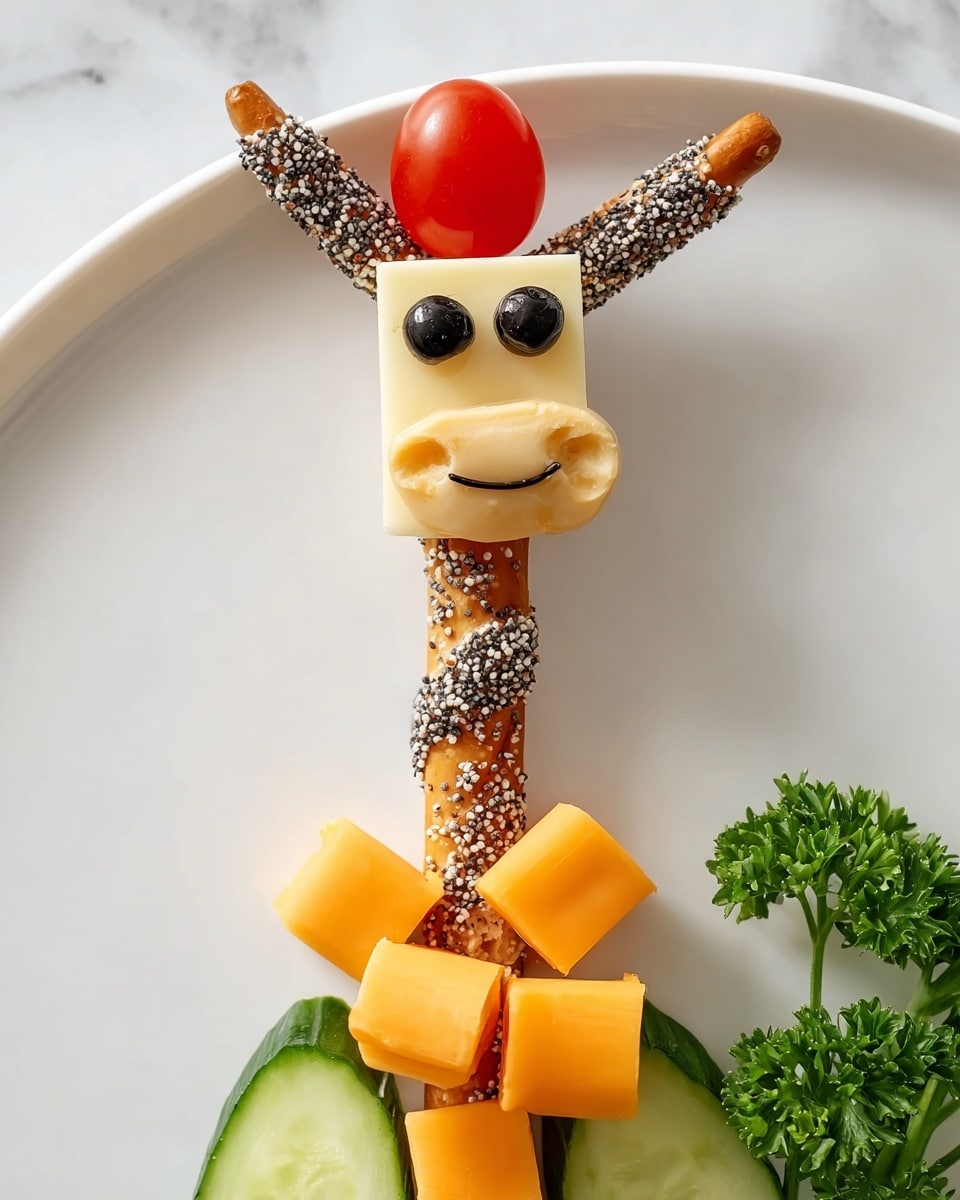 The image shows a giraffe-shaped snack made with five layers. The bottom layer has two round green cucumber slices placed side by side. On top, three bright orange cheese cubes stand closely together. A pretzel stick with white and black sesame seeds stands vertically in the middle, acting as the giraffe's neck. Near the top of the pretzel, a small round pale yellow cheese ring is wrapped around it. Above the ring, a square block of light yellow cheese rests, with two black olive slices positioned to look like eyes. A small red cherry tomato is placed on top with two small pretzel sticks extending diagonally from behind the cheese block like ears. A sprig of green parsley lies on the white marbled surface near the plate. photo taken with an iphone --ar 4:5 --v 7