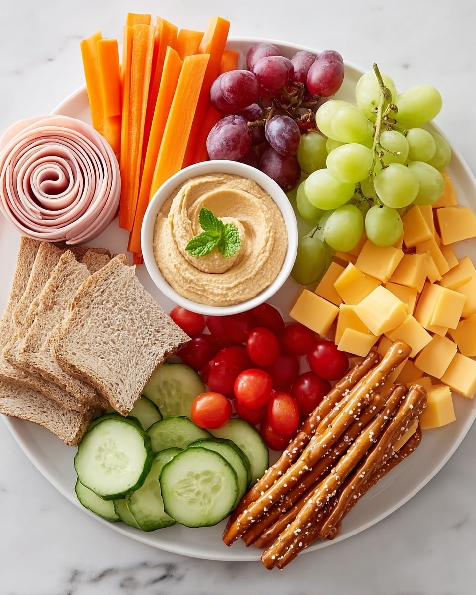 A round white plate on a white marbled surface holds a neatly arranged snack platter with several layers: on the top left are six delicate ham rolls standing upright, next to a bundle of bright orange carrot sticks, followed by a small bunch of green grapes and a cluster of dark red grapes. On the right side, there are five slices of whole grain bread stacked leaning to the right, beside a white ramekin filled with smooth golden hummus, garnished with small green mint leaves. Below the bread and hummus, there are six cherry tomatoes, a handful of thin pretzel sticks with salt, one pretzel in front, a cluster of bright yellow cheese cubes piled near the bottom left, and several green cucumber sticks placed partially under the ham and carrot layers. Photo taken with an iphone --ar 4:5 --v 7