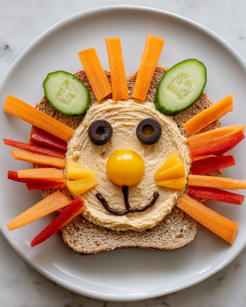 A round slice of bread forms the base, spread evenly with creamy beige hummus creating a smooth textured layer. Around the edges, thin orange carrot sticks and some red bell pepper strips are arranged like a mane. Two oval green cucumber slices are placed near the top edges to look like ears. For eyes, two black olive rings sit in the upper middle. A shiny yellow cherry tomato forms the nose at the center. Below the nose, two black olive strips shape a small smiling mouth. On each side of the nose, three thin triangular slices of yellow cheese fan out like whiskers. All of this is on a white plate with a white marbled surface in the background. photo taken with an iphone --ar 4:5 --v 7