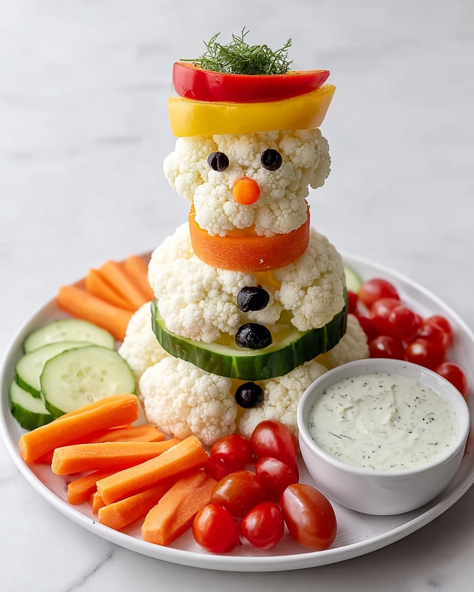 The dish shows a snowman made from cauliflower pieces stacked in three layers forming the body and head, with small cauliflower florets as ears. Around the middle is a band of thin cucumber slices. The snowman wears a bright red slice of bell pepper as a hat with a thin yellow bell pepper slice beneath it, and a wide orange carrot ribbon wrapped around the neck as a scarf. The face has two black olive slices for eyes and a small round carrot slice for the nose. Three black olives run down the front as buttons. The snowman sits on a white plate surrounded by carrot sticks, red and yellow cherry tomatoes, and cucumber slices to the side, with a small white bowl of creamy dip behind it. The whole scene is set on a white marbled surface. photo taken with an iphone --ar 4:5 --v 7