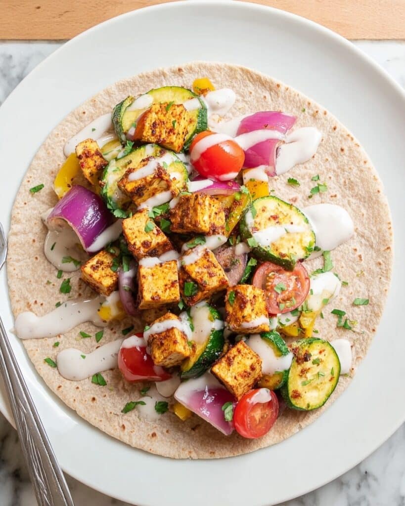 Vegan Roasted Tofu and Vegetable Wrap with Tahini-Yogurt Sauce Recipe