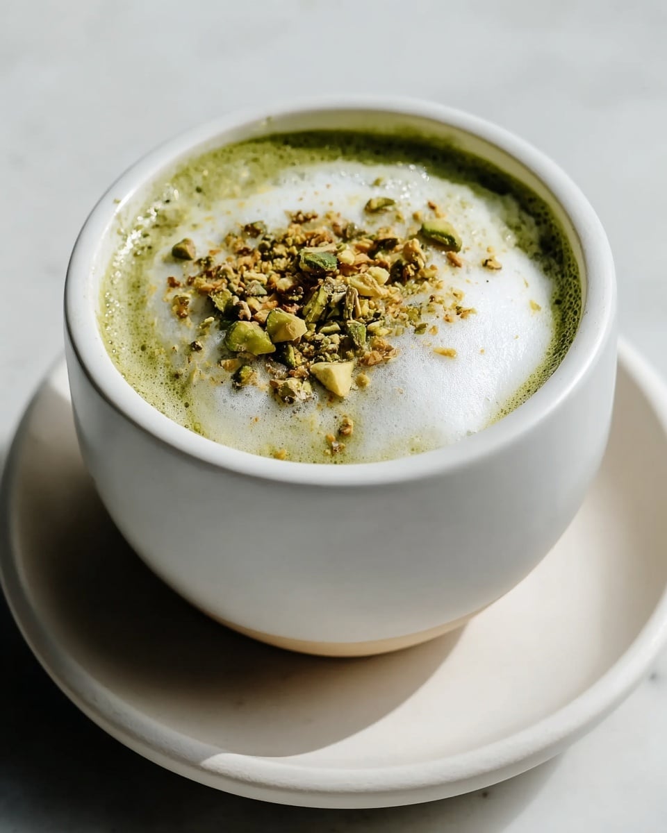 A round white ceramic cup filled with a creamy light greenish-beige drink topped with thick white foam and sprinkled with small chopped green pistachio nuts in the center, sitting on a matching white ceramic saucer, both placed on a white marbled surface. photo taken with an iphone --ar 4:5 --v 7