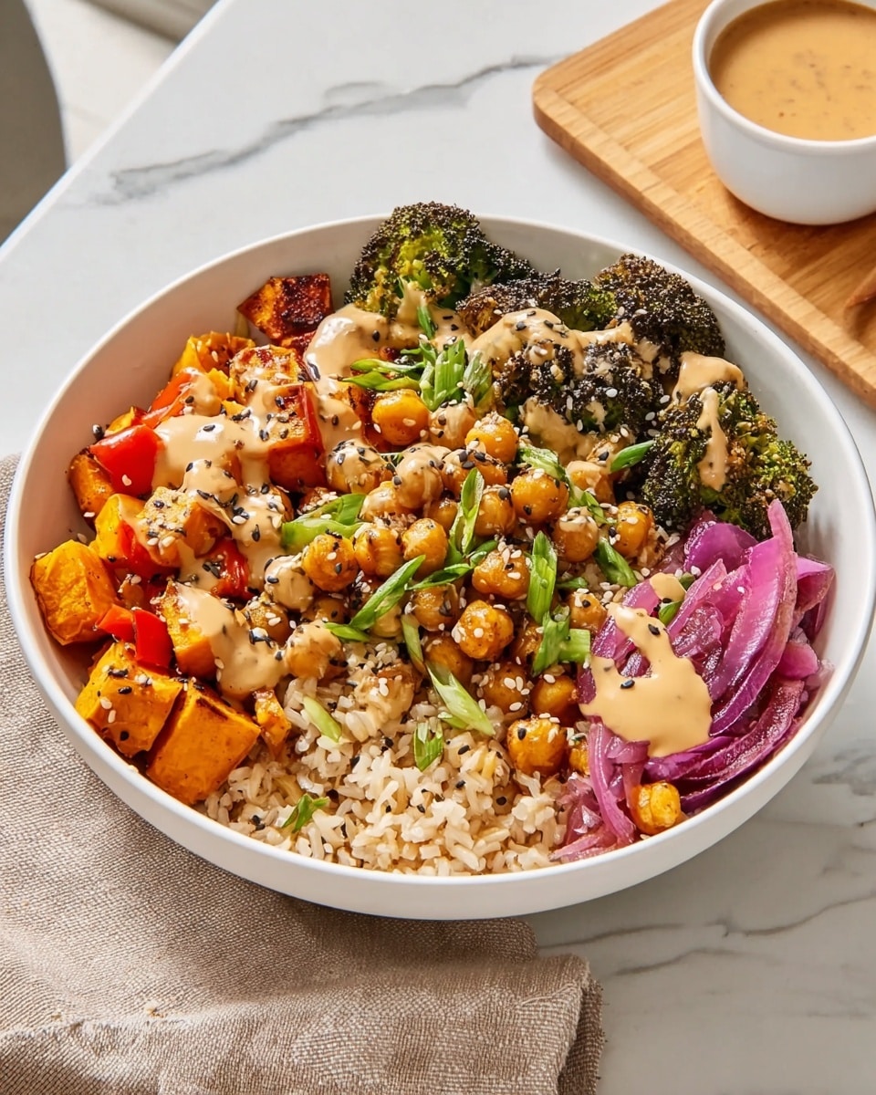 A white bowl filled with a colorful layered dish starts with a base of light brown rice. On top, there are four main sections: roasted orange sweet potato cubes mixed with small red bell pepper pieces on the left, bright pink pickled onions arranged near the back, golden brown chickpeas in the center, and vibrant green roasted broccoli florets on the right. A creamy light orange sauce is drizzled over the chickpeas and broccoli, sprinkled with black and white sesame seeds and chopped green onion slices. The bowl sits on a white marbled surface with a beige cloth underneath, and a wooden board with a white bowl holding a creamy orange sauce is slightly visible at the top right. photo taken with an iphone --ar 4:5 --v 7