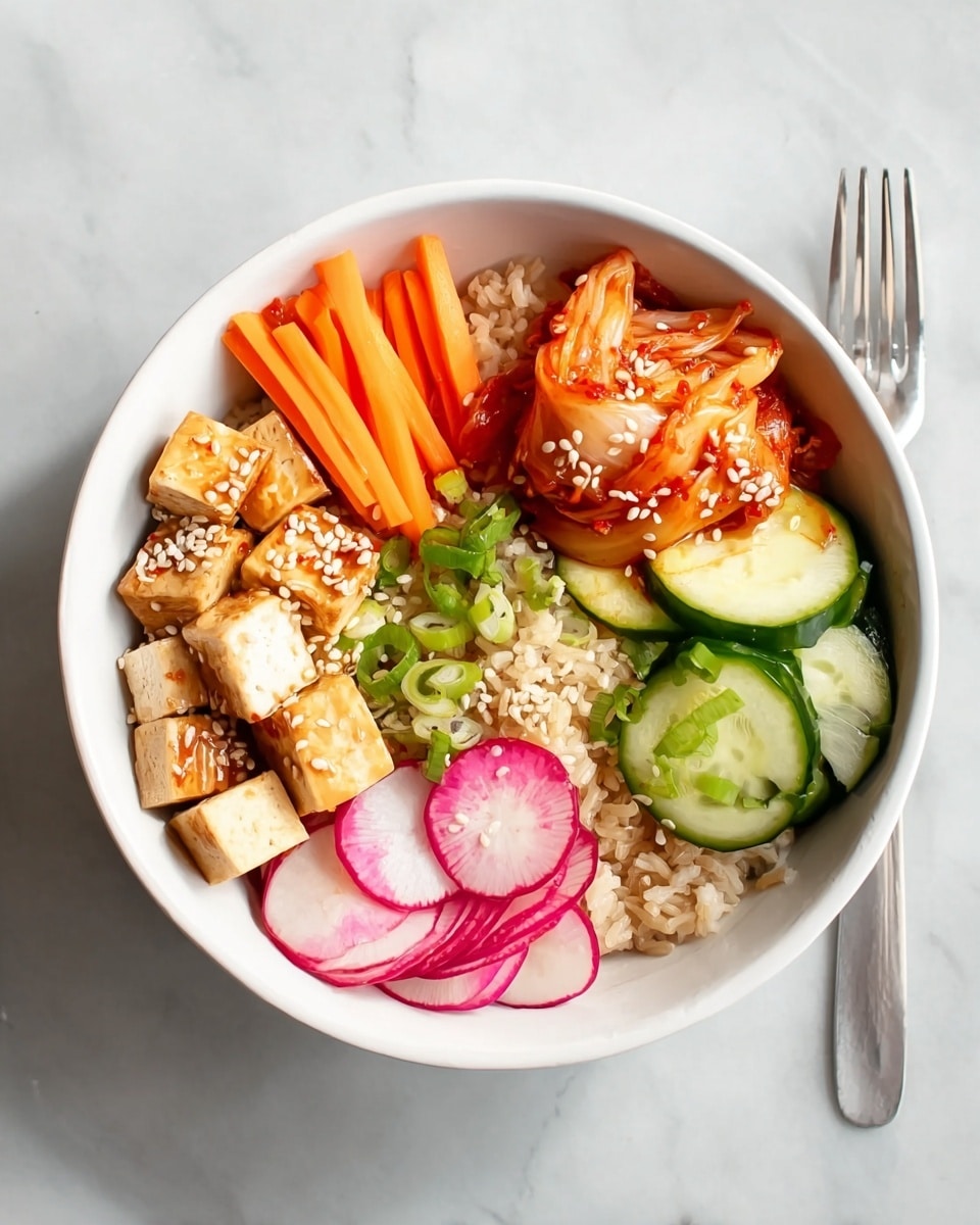 A white bowl filled with five neat sections of food on a bed of brown rice. Starting from the top left, there are small, golden brown tofu cubes sprinkled with sesame seeds. To the right of the tofu, there is a serving of glossy, orange-red kimchi with sesame seeds on top. Next to the kimchi, thin, round slices of bright pink radishes are stacked. Below the radishes, several slices of pale green cucumber with a slight shine and sesame seeds are arranged. On the bottom left, there are several thin, orange carrot sticks sprinkled with sesame seeds. The bowl is placed on a white marbled surface, with a silver fork lying to the right of it. photo taken with an iphone --ar 4:5 --v 7