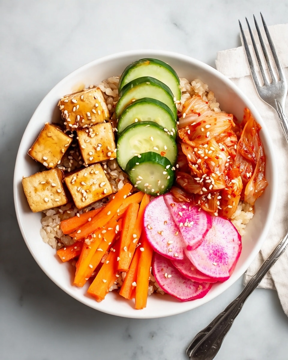 A white bowl contains a colorful layered dish on a white marbled surface. The bottom layer is brown rice mixed with chopped green onions. On top, the ingredients are divided into five sections: light golden tofu cubes sprinkled with sesame seeds are on the left side, bright orange carrot sticks are next to the tofu, thin green cucumber slices with sesame seeds lie at the bottom right, vibrant pink and white radish slices sit above the cucumber, and glossy orange-red kimchi with sesame seeds completes the circle at the top right. A silver fork rests beside the bowl. photo taken with an iphone --ar 4:5 --v 7