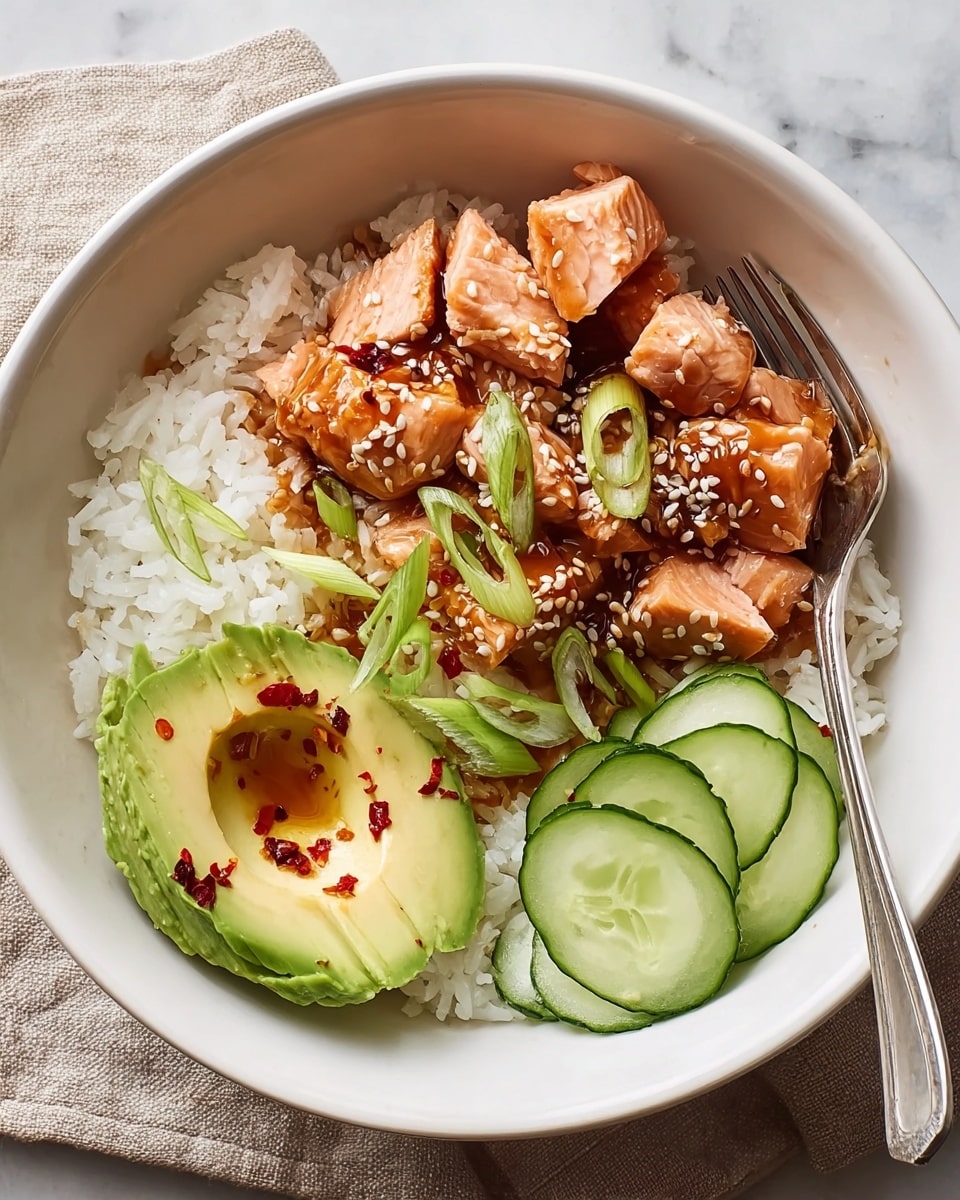 A white bowl filled with a base layer of cooked white rice, topped with chunks of pink cooked salmon pieces in the center. On the right side, there is a crescent-shaped slice of bright green avocado with a light drizzle of chili flakes and oil. Below the avocado, a small pile of thin, fresh cucumber slices with dark green edges rests. The salmon is garnished with white sesame seeds and thinly sliced green onions scattered over it. A silver fork rests on the edge of the bowl, all placed on a white marbled surface. Photo taken with an iphone --ar 4:5 --v 7