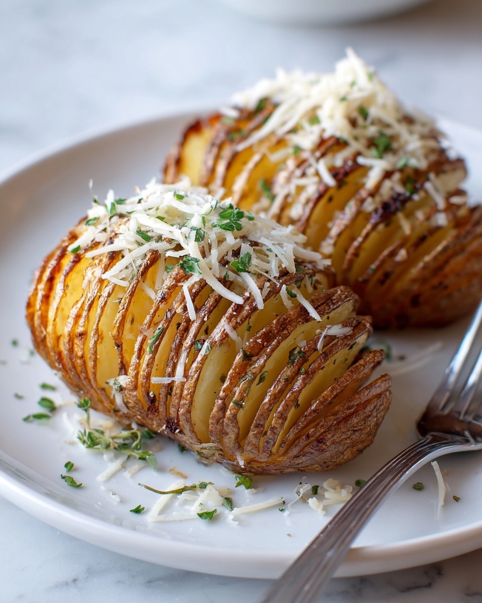 Two golden brown Hasselback potatoes sit side by side on a white plate over a white marbled surface. Each potato is thinly sliced almost through, creating many crispy, layered sections that fan out slightly. The potatoes are topped with a sprinkling of finely shredded white cheese and small bright green parsley leaves scattered across the top and around the plate. The skin edges of the slices are crisp and slightly darker, while the inside shows a softer yellow texture. A silver fork rests on the right side of the plate. photo taken with an iphone --ar 4:5 --v 7
