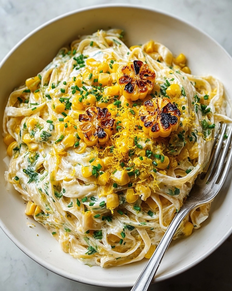 A bowl of creamy pasta sits on a white marbled surface, featuring one main layer of fettuccine noodles coated in a smooth, white sauce with flecks of green leafy herbs mixed in, topped with a generous serving of bright yellow grilled corn kernels that show dark char marks. Scattered finely chopped green chives and thin lemon zest strands decorate the top, adding a fresh contrast to the dish. On the side of the bowl, a silver fork rests, partly visible, ready for use. The bowl is white with a simple brown rim, enhancing the visual warmth of the pasta. photo taken with an iphone --ar 4:5 --v 7