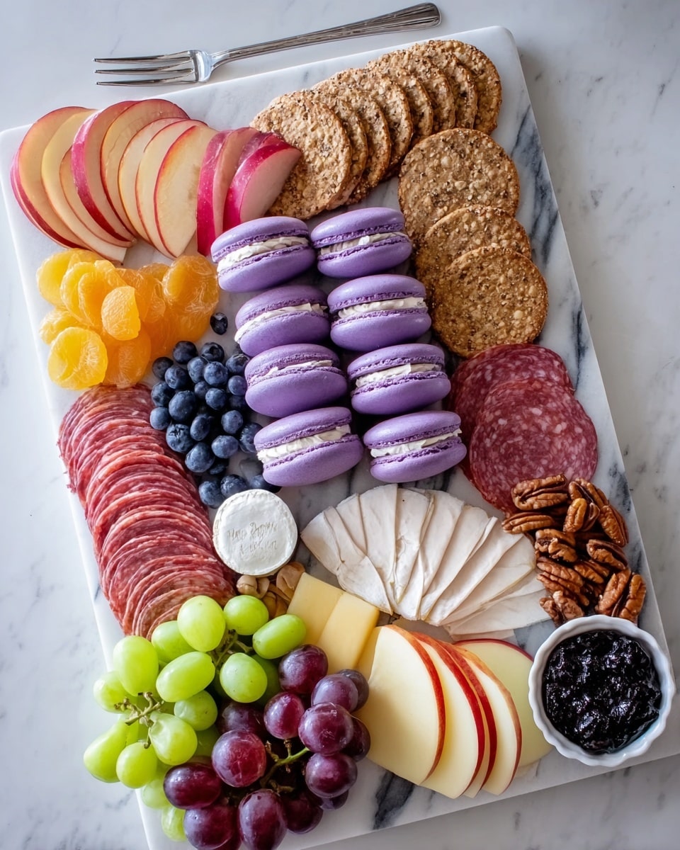 A white marbled board filled with layers of colorful food items carefully arranged in sections: on the left side, a half apple sliced thinly with red and yellow skin rests on top of dried apricots and pecans, next to round, light brown crackers stacked vertically; in the center-left, there are two neat stacks of purple macarons with white cream filling; the middle shows a small white dish with a dark jam inside, surrounded by sliced pale yellow cheeses—some square and some triangular—and blackberries; to the right of the cheese are slices of red salami arranged in two adjacent rows, topped by another stack of purple macarons on the top right; the bottom right corner has clusters of red and green grapes and a small pile of pecans; the whole board is set on a white marbled surface with two silver serving forks placed near the edges. photo taken with an iphone --ar 4:5 --v 7