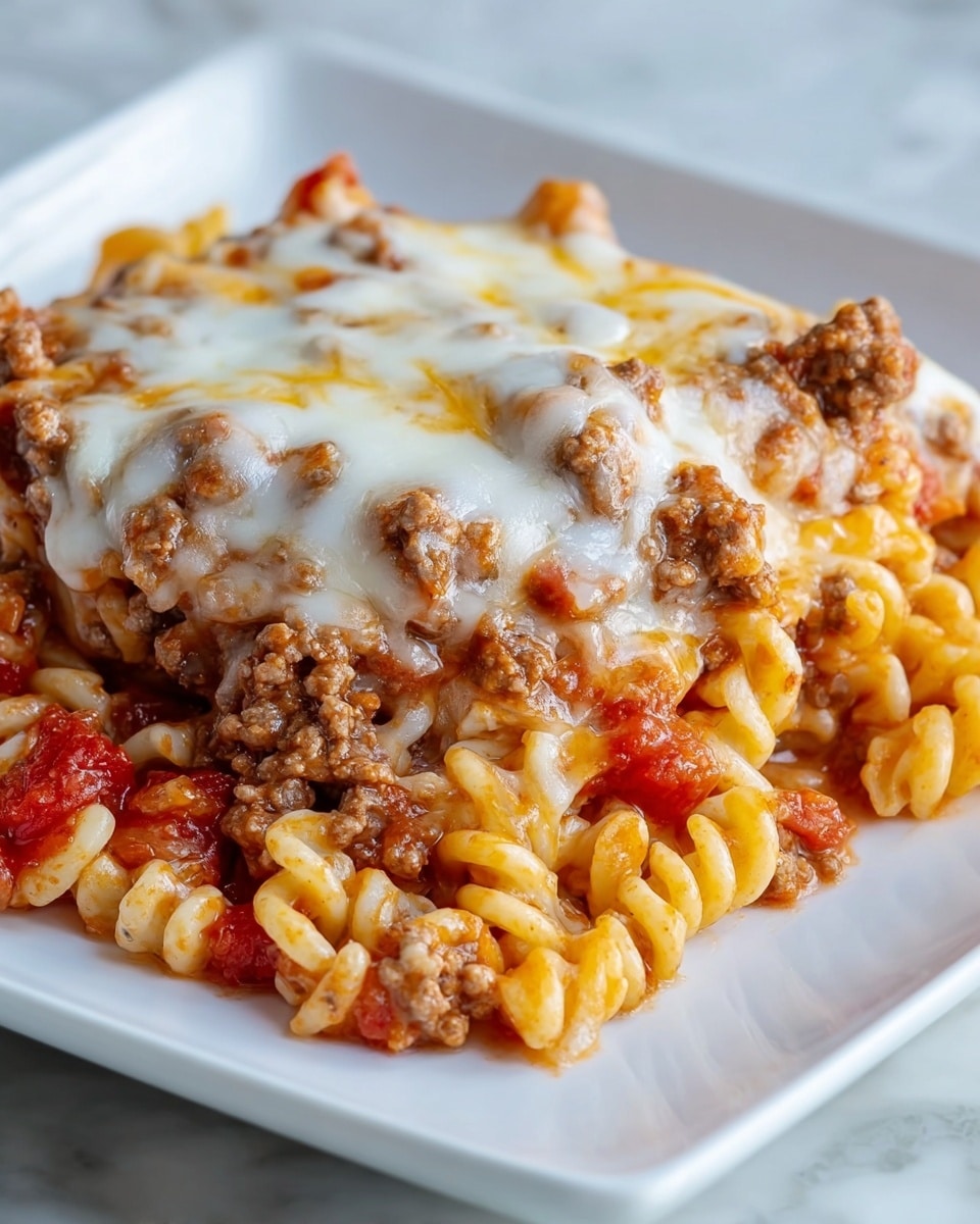 The dish is a layered pasta bake served on a white plate placed on a white marbled texture. The bottom layer consists of spiral pasta coated in a reddish tomato sauce mixed with small chunks of ground beef, adding a brown and slightly textured appearance. Above this is a layer of more ground beef mixed with tomato pieces, visible in brown and red patches. The top layer is a generous amount of melted cheese, combining white and yellow colors that spread smoothly over the pasta and meat. The cheese has a slightly gooey texture that softly covers the dish, creating a warm and hearty look. photo taken with an iphone --ar 4:5 --v 7