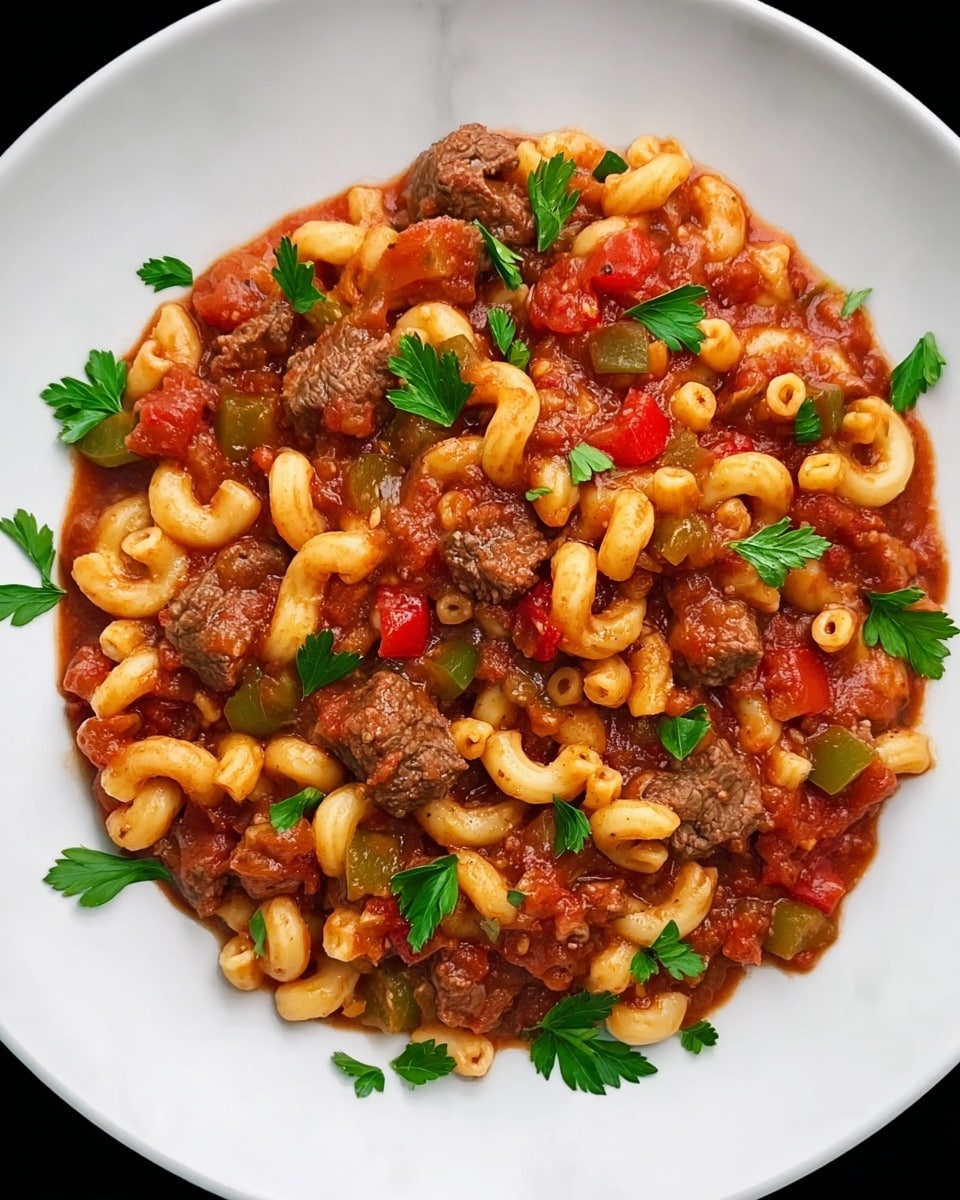 A white plate with a thick layer of cooked elbow macaroni on the bottom, creamy yellow in color. On top of the pasta is a rich red tomato sauce thickened with chunks of green and red bell peppers, giving the sauce a mix of green and red colors with a textured look. Large pieces of browned beef are placed evenly on the sauce, adding a dark brown, hearty feel. Fresh green parsley leaves are scattered on top and around the plate, adding bright green color and freshness. The plate is set against a white marbled surface. Photo taken with an iphone --ar 4:5 --v 7