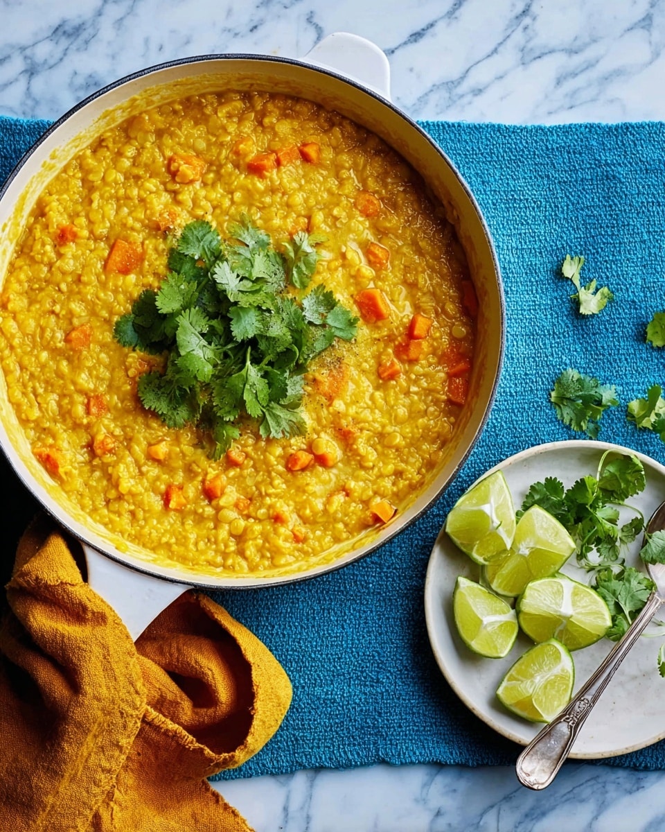 The image shows a white pot filled with thick yellow lentil stew mixed with small orange carrot pieces, topped with a bunch of fresh green cilantro leaves in the center. The pot is placed on a white marbled surface with a mustard-colored cloth beside it. Below the pot, there is a small white plate containing four lime wedges, some loose cilantro leaves, and a silver spoon resting on the plate. The background is a rich blue cloth, creating a bright and colorful setting. Photo taken with an iphone --ar 4:5 --v 7