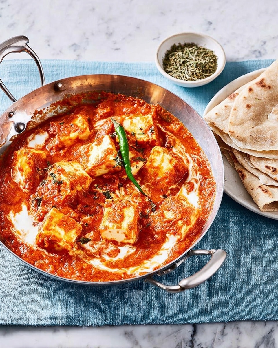 A round metal pan filled with a rich tomato-based sauce of deep red color, mixed with creamy swirls of light beige cream, and large cubes of white paneer cheese slightly browned on edges. A single green chili lies on top near the center. The sauce looks thick with a coarse texture. The pan is placed on a folded blue cloth over a white marbled surface. To the right, there are folded light brown flatbreads with dark char marks, and in front of them is a small white bowl filled with dried green herbs. A silver spoon rests in the pan, partially submerged in the sauce, with its handle pointing outwards. photo taken with an iphone --ar 4:5 --v 7