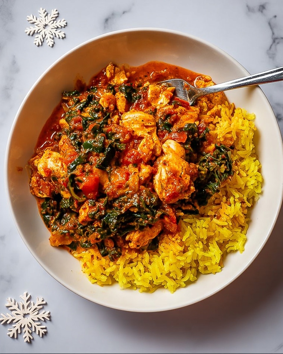 A white plate filled with a bed of bright yellow rice as the bottom layer, topped with chunks of chicken coated in an orange-red sauce mixed with wilted green spinach and pieces of tomato, creating a colorful and textured dish. A silver fork rests partially in the rice on the left side of the plate. The plate sits on a brown surface with two white snowflake-shaped decorations near the bottom left edge. photo taken with an iphone --ar 4:5 --v 7