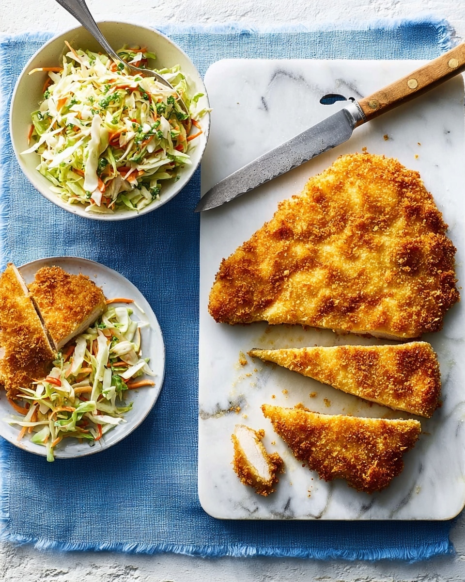 The image shows a white cutting board on a white marbled surface, with a golden-brown breaded chicken cutlet on the right side, crisp and textured. To the left, three triangular pieces of the cutlet are cut and laid out, showing a white cooked inside. A serrated knife with a wooden handle rests above the cut pieces. Below the cutting board, there is a white bowl filled with a colorful salad made of shredded green cabbage, orange carrots, and green herbs, with a spoon inside. A small amount of salad is also placed beside the cutlet on the cutting board. Photo taken with an iphone --ar 4:5 --v 7