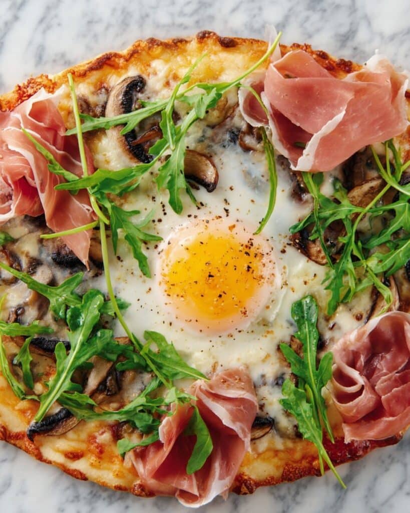 Baked Egg Pizza with Portabella Mushroom and Cured Ham Recipe