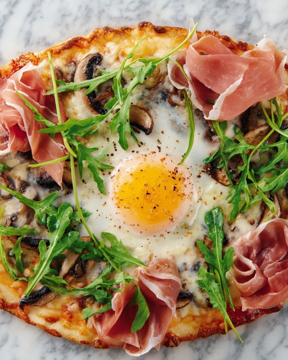 A close-up of a pizza with four main layers visible from bottom to top: the base layer is a golden-brown crispy crust, followed by a melted cheese layer with a light golden color. On top of the cheese, there are sautéed brown and beige mushroom slices arranged around the center. In the middle sits a perfectly cooked egg with a white egg white and a bright yellow yolk. Surrounding the egg and mushrooms, there are thin, folded slices of pink prosciutto and scattered bright green arugula leaves that add freshness and color contrast. The pizza is placed on a white marbled surface. photo taken with an iphone --ar 4:5 --v 7