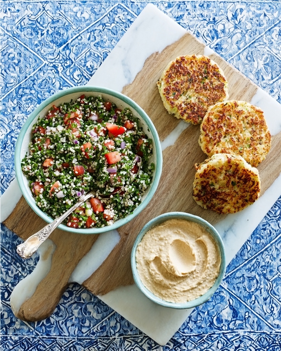 The image shows a wooden board placed on a white marbled surface with a blue patterned cloth underneath. On the left side of the board, there is a white bowl filled with a colorful mixture of chopped green herbs, red tomatoes, and white grains with a spoon inside it. To the right of the bowl, there are two small stacks of golden-brown flatbread or patties arranged neatly. Next to these, a smaller white bowl contains a creamy beige dip with a spoon resting in it. The overall scene captures a fresh and inviting meal setup. Photo taken with an iphone --ar 4:5 --v 7