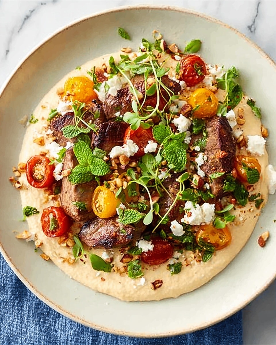 A white plate holds a layered dish starting with a smooth, creamy beige base spread evenly across the plate. On top, there are fresh green leaves and scattered white crumbly cheese pieces. Bright red and yellow roasted cherry tomatoes add vibrant color to one side, along with some small, evenly browned nuts sprinkled around. In the center, there are pieces of cooked meat with a browned, crispy outside. Fresh mint leaves and delicate green sprouts are placed lightly over the whole dish, adding a fresh touch. The plate is set on a white marbled surface with a blue cloth partially visible underneath. Photo taken with an iphone --ar 4:5 --v 7