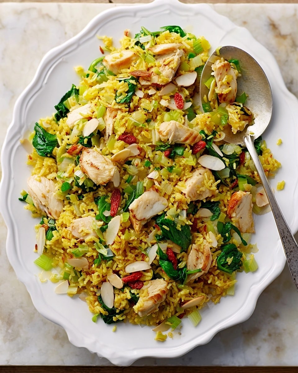 A white scalloped oval plate holds a mixed dish with three main layers. The bottom layer is yellow rice mixed with bits of light green celery, creating a grainy and slightly moist texture that fills most of the plate. On top of the rice are pieces of cooked white chicken, browned on the edges with a tender, flaky look. Interspersed with the chicken are bright green spinach leaves, adding fresh color and softness. Scattered across the dish are thin slices of pale almonds and small bits of red goji berries, giving pops of texture and color contrast. A white spoon rests on the edge of the plate, with some rice and a piece of celery on it. The whole scene is placed on a white marbled surface. Photo taken with an iphone --ar 4:5 --v 7