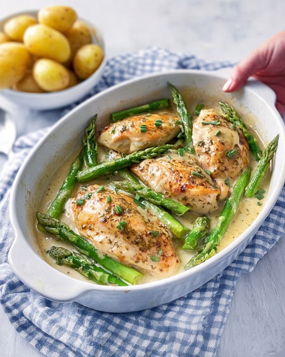 The image shows a white oval baking dish filled with cooked chicken breasts lying partly in a light creamy sauce. Bright green asparagus spears are layered on top and around the chicken, adding color contrast. The chicken pieces are browned with a slightly crispy texture and herbal seasoning visible on the surface. The dish is placed on a pale blue and white checkered cloth over a white marbled surface, next to a white bowl filled with small round yellow potatoes. A woman's hand gently touches the edge of the baking dish. Photo taken with an iphone --ar 4:5 --v 7