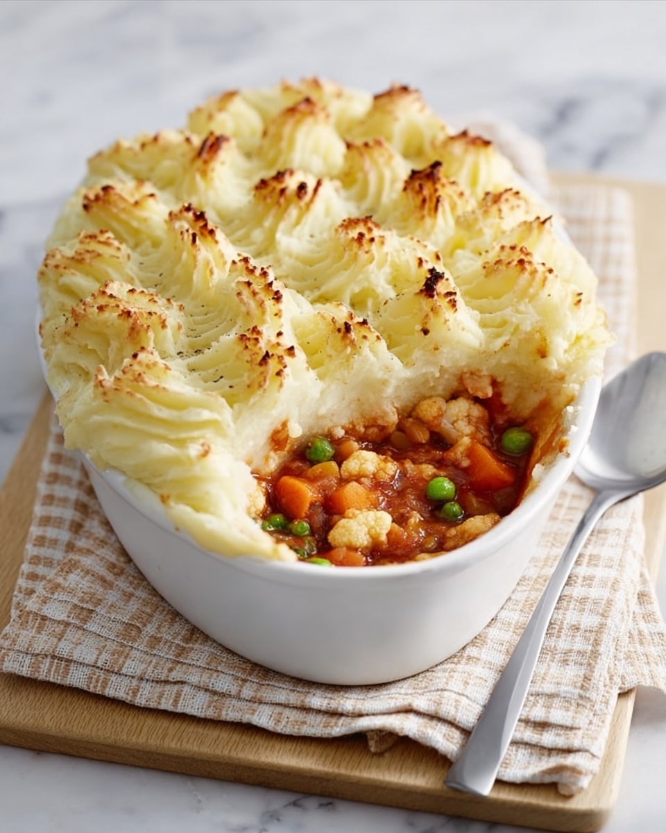 A white oval dish filled with a shepherd’s pie, topped with a thick layer of piped mashed potato that is golden brown and slightly crispy on the peaks. Below the mashed potato layer, there is a visible mix of cooked vegetables including orange carrot chunks, green peas, and white cauliflower pieces in a rich, reddish-brown sauce. The dish rests on a folded beige and white checkered cloth placed on a light wooden board, with a spoon beside it on a white marbled surface. Photo taken with an iphone --ar 4:5 --v 7