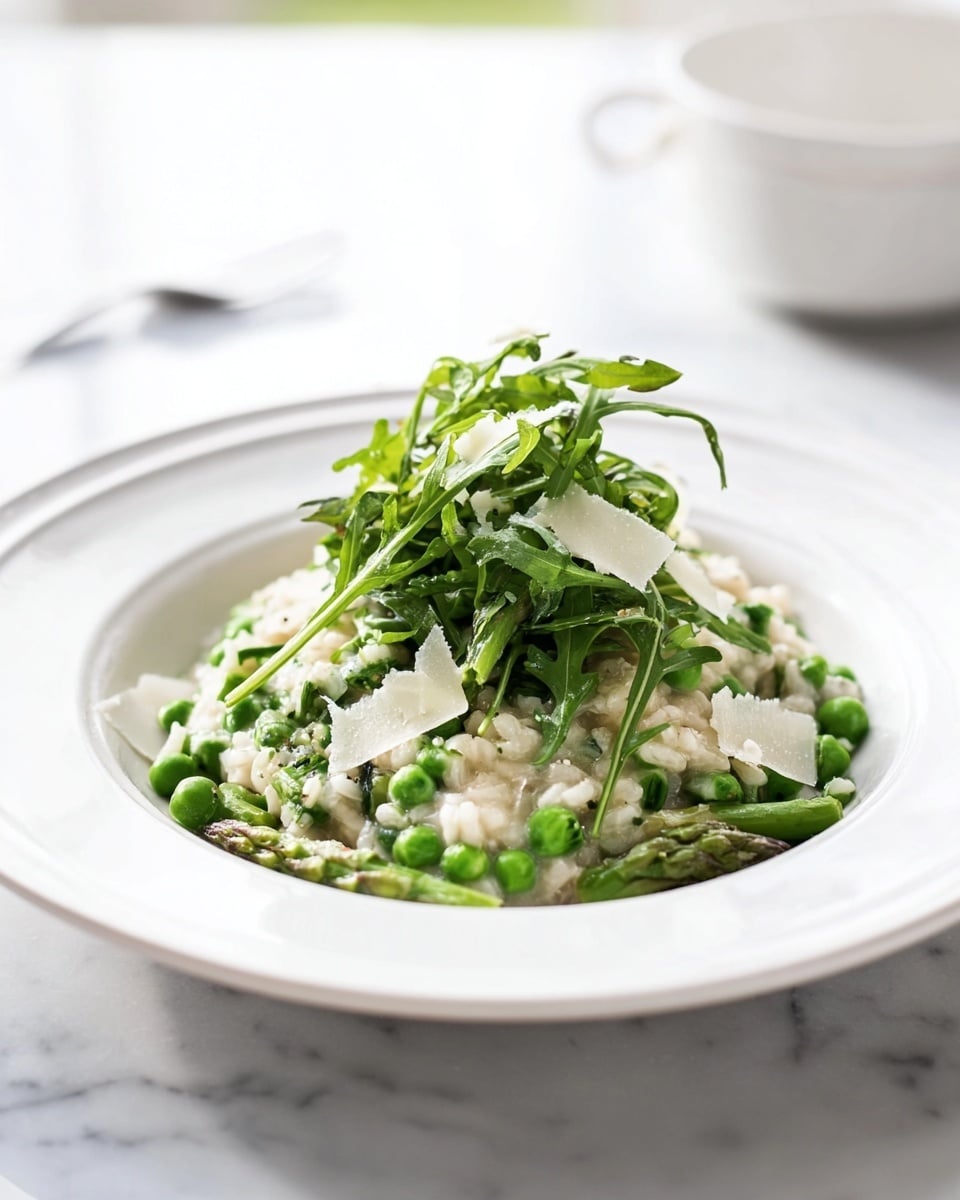 A white plate sits on a white marbled textured surface with a green cloth underneath. The dish has two main layers: the bottom layer is creamy white risotto mixed with small green vegetables like peas and asparagus, creating spots of light and dark green throughout. On top, there is a small mound of fresh, bright green arugula leaves, adding a leafy texture and height to the dish. The risotto layer looks soft and slightly shiny while the greens on top appear fresh and crisp. Photo taken with an iphone --ar 4:5 --v 7