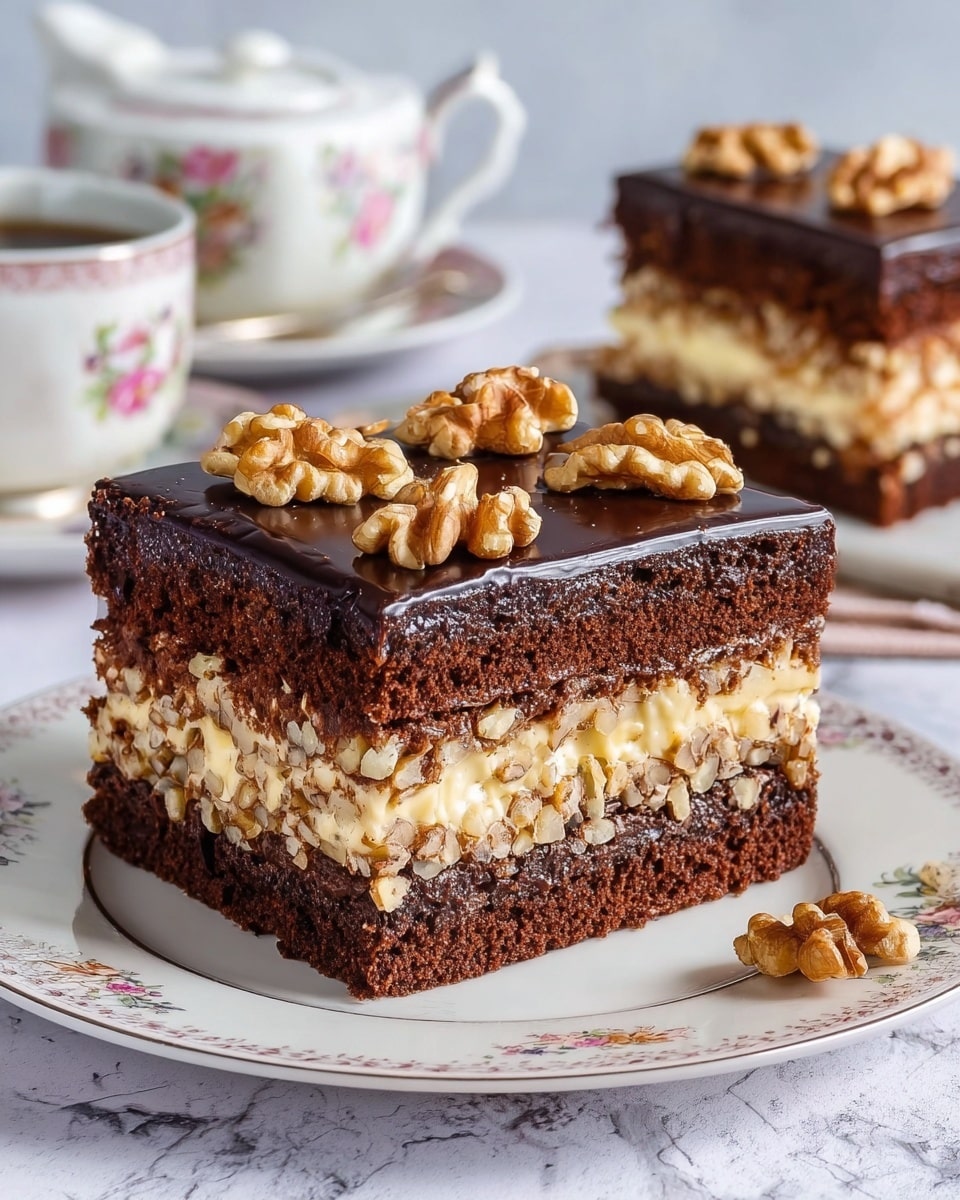 A square piece of chocolate cake with three visible layers sits on a white plate with green leaf patterns, placed on a white marbled surface. The bottom and top layers are dark, moist chocolate cake, while the middle layer is a light-colored cream mixed with chopped walnuts. The top layer of cake is covered with a shiny dark chocolate glaze and sprinkled with walnut halves. In the background, there is a second piece of the same cake on a similar white plate and white teacups with floral patterns. A woman's hand is holding a fork near the cake. Photo taken with an iphone --ar 4:5 --v 7