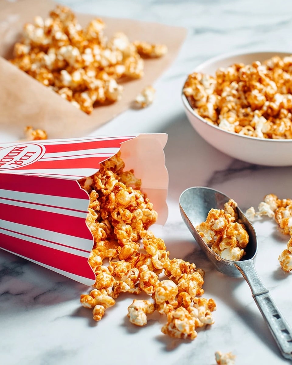 The image shows a white and red striped popcorn box lying on its side, spilling golden-brown popcorn with visible seasoning. Underneath the popcorn box are matching white and red striped paper sheets. To the right, there is a large white bowl filled with more seasoned popcorn, slightly blurred. In front of the bowl, a dark metal scoop holds a few pieces of the same popcorn. The entire scene is set on a white marbled textured surface. photo taken with an iphone --ar 4:5 --v 7