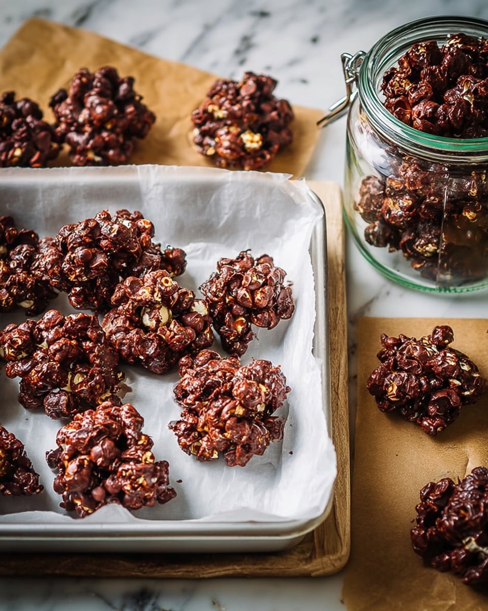 The image shows several rough clusters of dark brown chocolate popcorn with hints of orange and gold dust scattered unevenly on their surfaces. There are nine clusters arranged on white parchment paper inside a silver baking tray, with three more clusters placed on a piece of light brown parchment paper next to it. To the right, a clear glass jar filled with similar chocolate popcorn clusters sits open on a rustic wooden surface. The overall look is textured with the popcorn pieces tightly stuck together forming uneven, chunky shapes with a mix of shiny and matte areas. Photo taken with an iphone --ar 4:5 --v 7