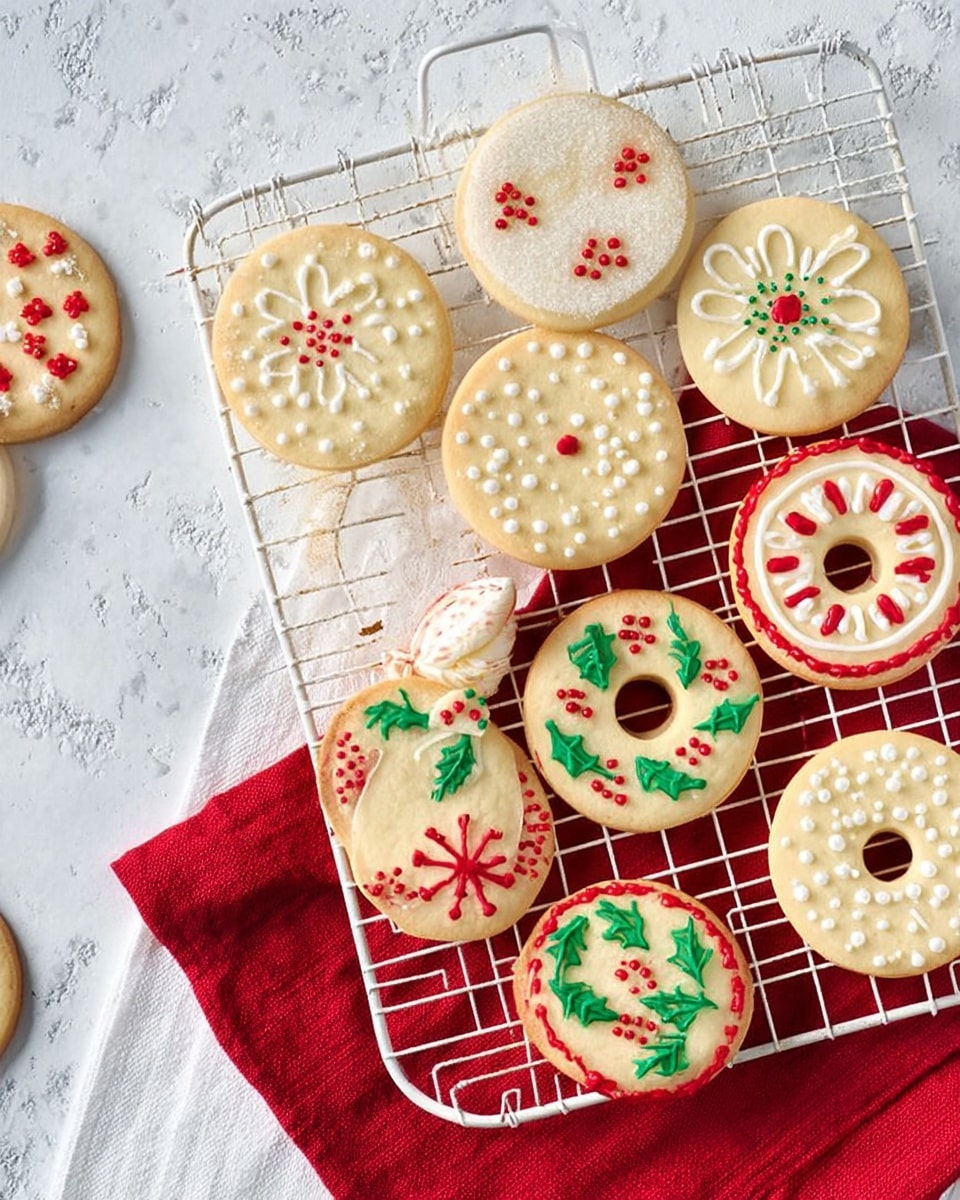 A rectangular silver wire cooling rack holds eleven round sugar cookies arranged in loose overlapping groups on a white marbled surface. Five cookies are decorated with holiday-themed icing: one has a green holly leaf with red berries on the left, another features a green wreath with a white swirl border in the center, a third cookie shows a red and white starburst design on the bottom left, a fourth has a red and white swirled circle with red dots near the bottom center, and the last one on the bottom right corner has a white and red swirl pattern with red dots. The other six cookies are plain with no icing. A burgundy cloth is tucked under the bottom left corner of the cooling rack, and a small star-shaped dried item lies on the marbled surface to the right. Photo taken with an iphone --ar 4:5 --v 7