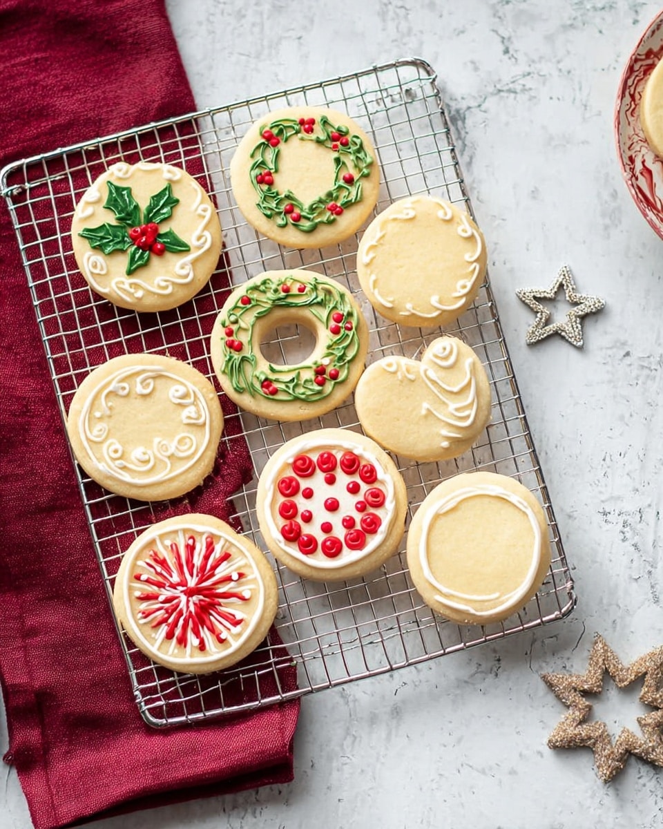 A collection of round sugar cookies arranged on a white metal cooling rack placed over a red cloth, all on a white marbled surface. The cookies are light golden-brown, with some plain and others decorated with festive icing designs. There are nine decorated cookies featuring different patterns: one with a white ring circled by red dots, one with green and red dots and lines forming a wreath, one with white swirls and green dots, one with white, red and green dots, one with red and white snowflake-like shapes, one with red, white, and green holly leaves with berries, and another with alternating red and white dots around the edge. The overall look is festive, clean, and bright. photo taken with an iphone --ar 4:5 --v 7