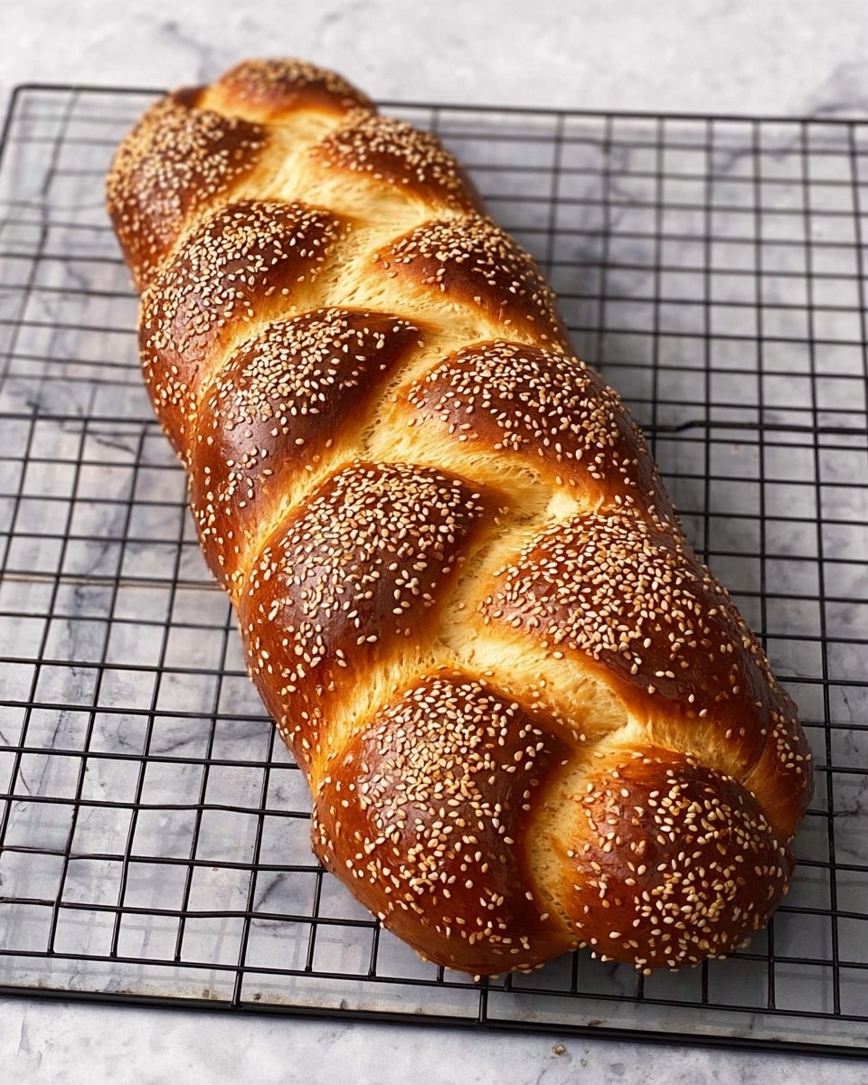 A freshly baked braided bread with a deep golden brown crust sprinkled evenly with sesame seeds rests on a black cooling rack. The bread has six plump, shiny, rounded sections woven together, each section showing the soft light brown bread beneath the shiny outer layer. The braid is thick and slightly tapered at the ends, with a smooth, glossy texture. The black rack contrasts with the bread’s warm colors, all set on a white marbled surface. photo taken with an iphone --ar 4:5 --v 7
