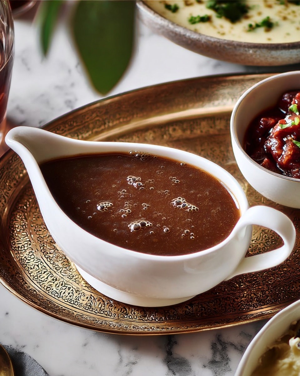 A white sauce boat filled with smooth, dark brown gravy that has small bubbles scattered on the surface, placed on a round brass tray with intricate patterns. Nearby, a white bowl holds a chunky red sauce with visible pieces of vegetables or fruit, while part of another white bowl with a creamy dish is visible, showing a light golden browned top and some green garnish. The setting is on a white marbled textured surface with some blurred green leaves hanging overhead. photo taken with an iphone --ar 4:5 --v 7