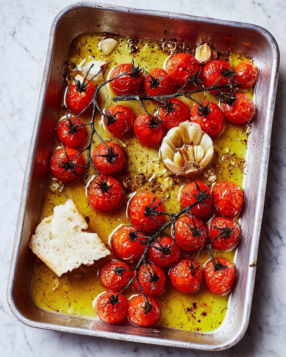 The image shows a silver baking tray filled with small red cherry tomatoes still on their dark green stems, glistening with a layer of olive oil. Two halved heads of garlic with a light brown roasted texture are placed on the tray, and two pieces of torn bread with a soft white inside rest among the tomatoes. The tray sits on a white marbled surface, and the overall colors are warm with orange, red, and golden yellow from the oil. photo taken with an iphone --ar 4:5 --v 7