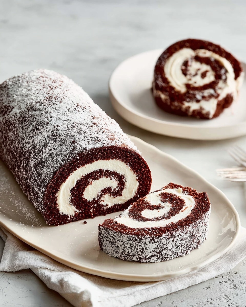 A chocolate roll cake sliced to show its spiral shape with three main layers: a dark brown soft chocolate sponge forming the outer and central layers, and a creamy light beige filling evenly spread in a thick swirl inside. The outside of the cake is dusted with white powdered sugar, which contrasts with the dark cake, and loose crumbs and sugar are scattered on the white serving plate beneath. One slice is placed on a separate white plate on a white marbled surface with a white cloth nearby, all under soft, natural lighting. Photo taken with an iphone --ar 4:5 --v 7