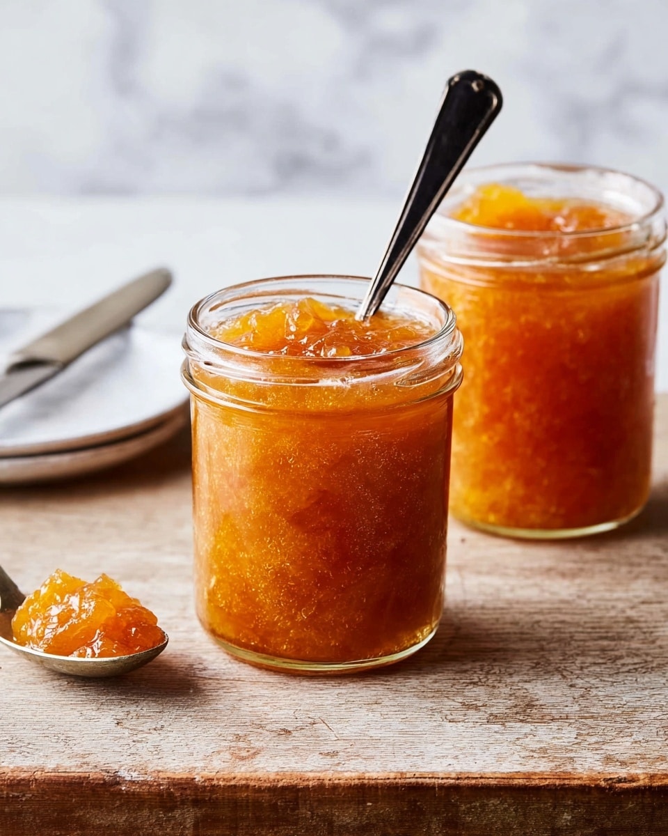 The image shows two clear glass jars filled with thick, golden-orange jam with a slightly chunky texture. One jar is placed in front, with no spoon inside, while the jar behind it holds a black spoon standing upright in the jam. In front of the jars, there is a silver spoon resting on a white marbled surface with a small scoop of jam on it. The background includes a white marbled texture, and a white plate with a butter knife is slightly visible to the side. The wooden table underneath adds a warm, rustic touch. Photo taken with an iphone --ar 4:5 --v 7