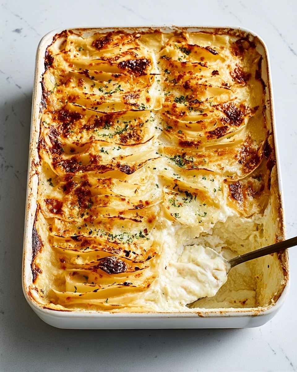 A white rectangular baking dish filled with a layered potato gratin, showing thinly sliced potato layers arranged upright in rows. The top is golden-brown and slightly crispy with visible specks of black pepper and seasoning. One corner of the dish is scooped out, revealing creamy white sauce and tender potato slices underneath. The dish is set on a white marbled surface. photo taken with an iphone --ar 4:5 --v 7