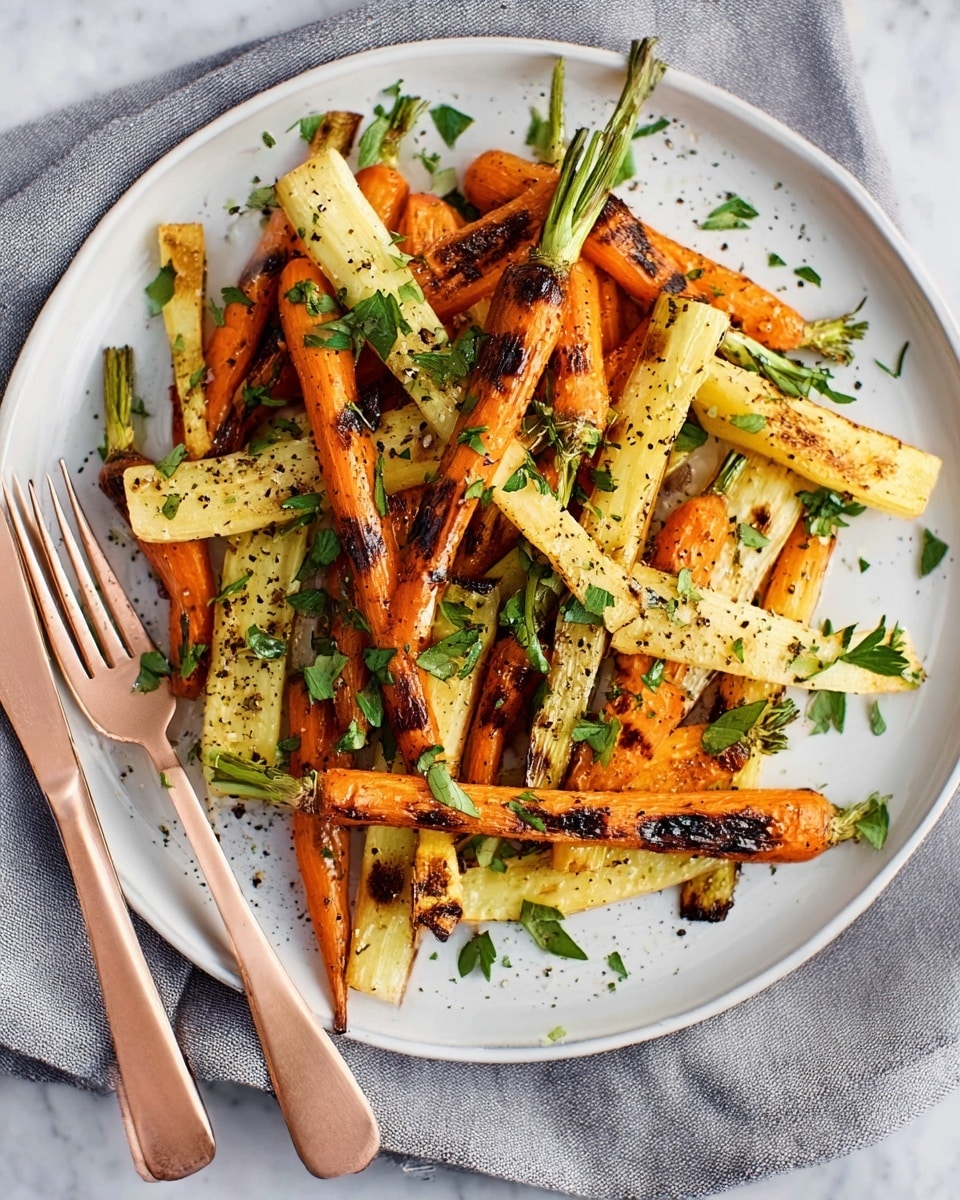 A white plate holds a colorful mix of roasted baby carrots and parsnips, cut into long strips and small whole pieces. The carrots are bright orange with green tops, and the parsnips are pale yellow with some brown roasting marks. The vegetables are sprinkled with fresh green parsley leaves and black pepper for added texture and color. The plate is set on a white marbled surface with a fork and knife beside it and a woman's hand gently holding the fork. photo taken with an iphone --ar 4:5 --v 7