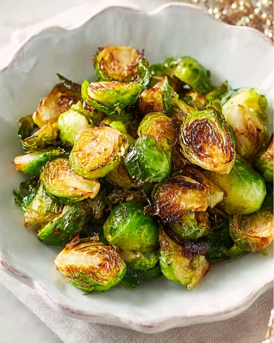 The image shows a white, scalloped-edged bowl filled with roasted Brussels sprouts. The Brussels sprouts are cut in halves and some quarters, with a mix of bright green and golden brown crispy edges from roasting. The texture looks slightly crunchy on the browned parts and soft on the greens. The bowl is placed on a white marbled surface, and soft light highlights the glossy look of the sprouts. photo taken with an iphone --ar 4:5 --v 7