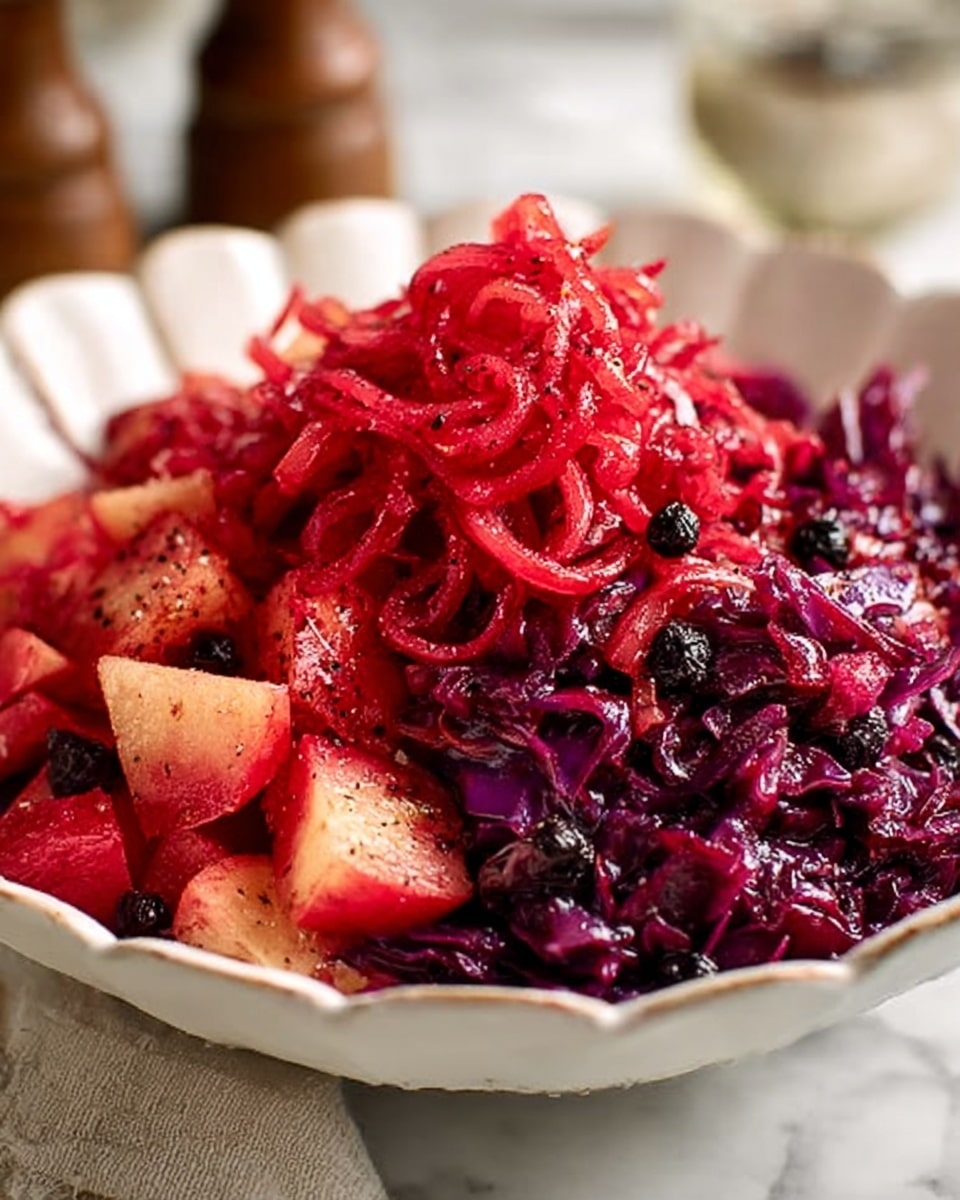 The dish is a bright red salad served in a white scalloped bowl placed on a beige cloth. The salad has multiple layers of thin, shredded red cabbage mixed with small chunks of red apples and dark dried berries scattered throughout. The texture looks fresh and slightly wet, with some glistening seeds or seasoning visible on top. The bowl is centered and the background features a soft, out-of-focus beige tone with a wooden pepper grinder and a small silver object in the distance. The photo taken with an iphone --ar 4:5 --v 7