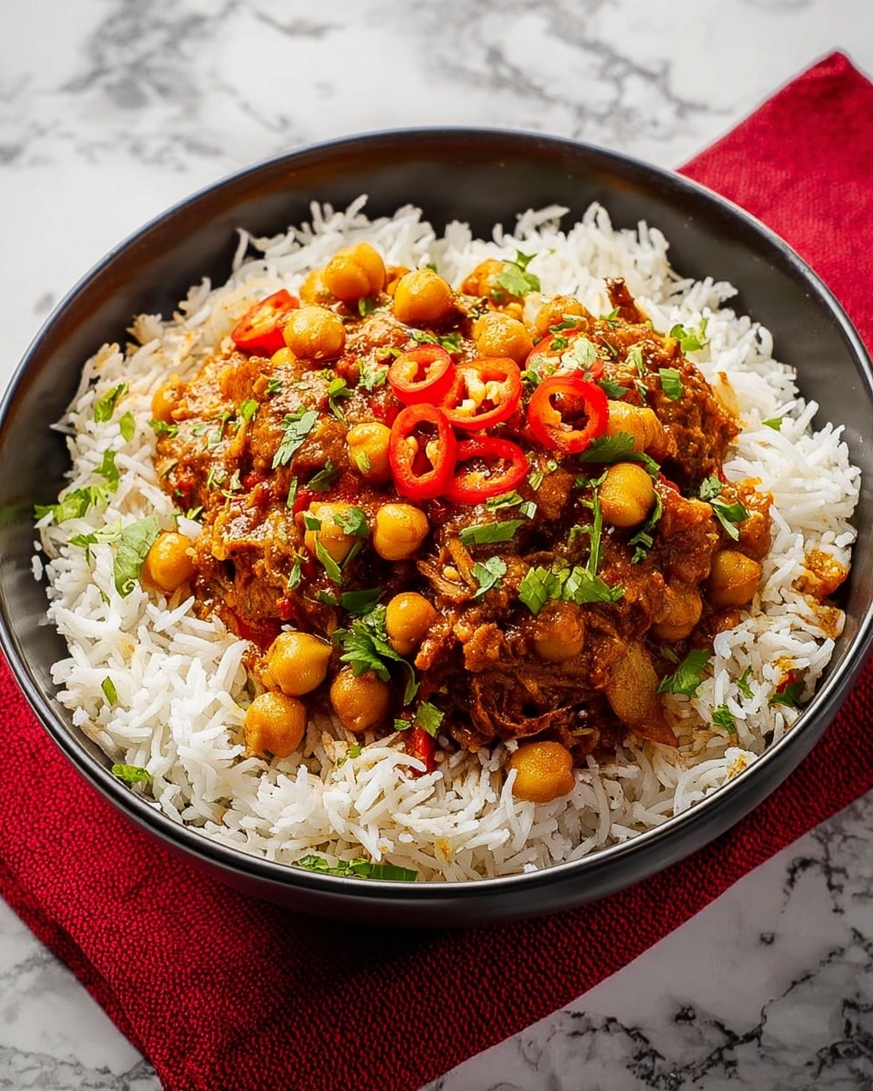 The image shows a white bowl filled with two main layers: the bottom layer is fluffy white rice with visible separate grains, while the top layer is a thick brown chickpea curry with chunks of vegetables or meat and a rich, creamy texture. The curry is garnished with fresh green cilantro leaves and a few bright red chili slices scattered on top. The bowl is placed on a white marbled surface, and to the right, there is a red cloth partially visible. Photo taken with an iphone --ar 4:5 --v 7