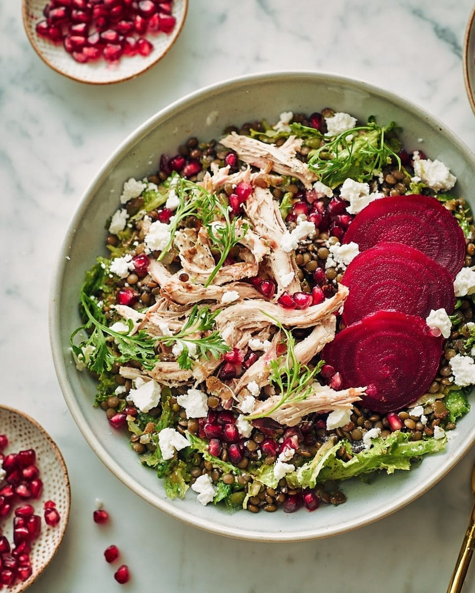 A large white bowl filled with a fresh salad on a white marbled surface. The salad has a mix of layers starting with a bed of green leafy lettuce, followed by scattered brown lentils and shredded light beige chicken pieces. On top of this are several round, deep red beet slices evenly placed. Bright red pomegranate seeds are sprinkled throughout, adding pops of color. White crumbles of creamy cheese are spread over the salad, along with small green herb leaves scattered across. Next to the bowl is a small white cup filled with shiny red pomegranate seeds and a few loose seeds around it. photo taken with an iphone --ar 4:5 --v 7